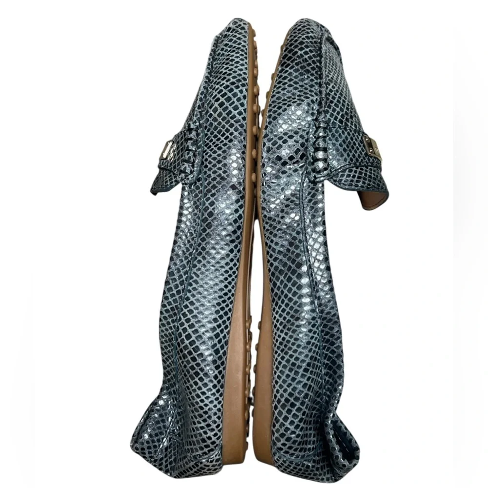 Coach Fredrica blue iridescent snake print leather logo loafers Y2K